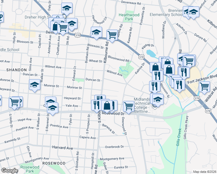 map of restaurants, bars, coffee shops, grocery stores, and more near in Columbia