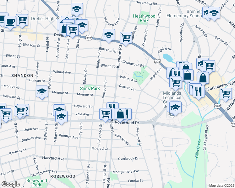 map of restaurants, bars, coffee shops, grocery stores, and more near in Columbia