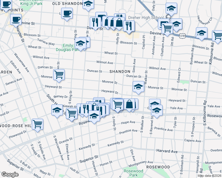 map of restaurants, bars, coffee shops, grocery stores, and more near 2902 Monroe Street in Columbia