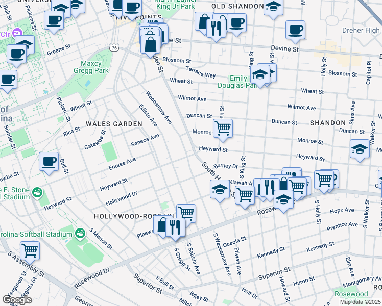map of restaurants, bars, coffee shops, grocery stores, and more near 2415 Heyward Street in Columbia