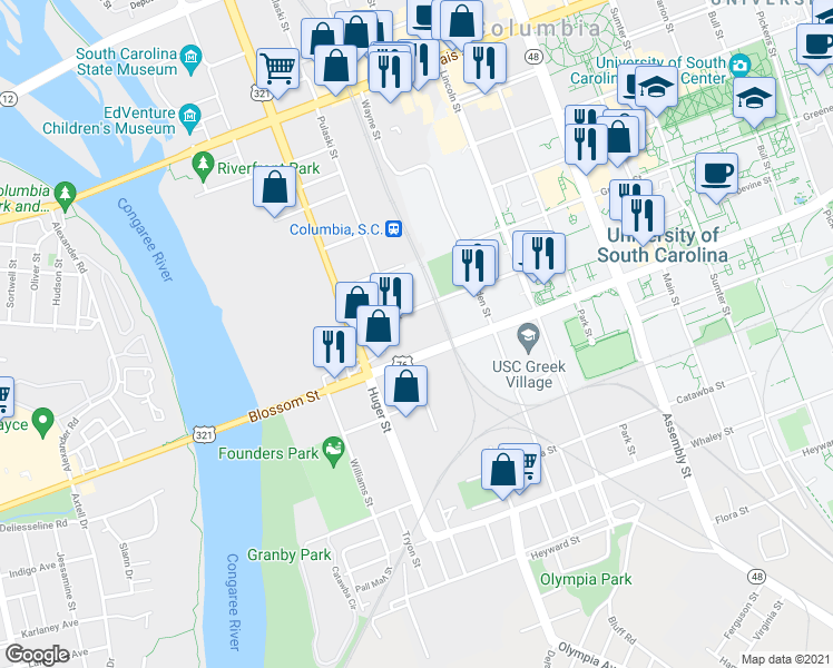 map of restaurants, bars, coffee shops, grocery stores, and more near 617 Devine Street in Columbia