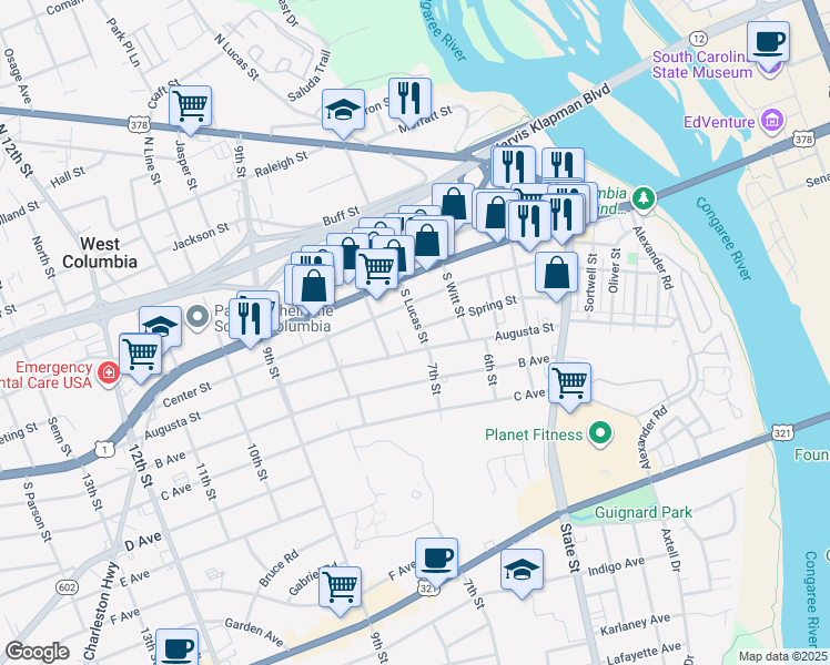 map of restaurants, bars, coffee shops, grocery stores, and more near 215 South Lucas Street in West Columbia