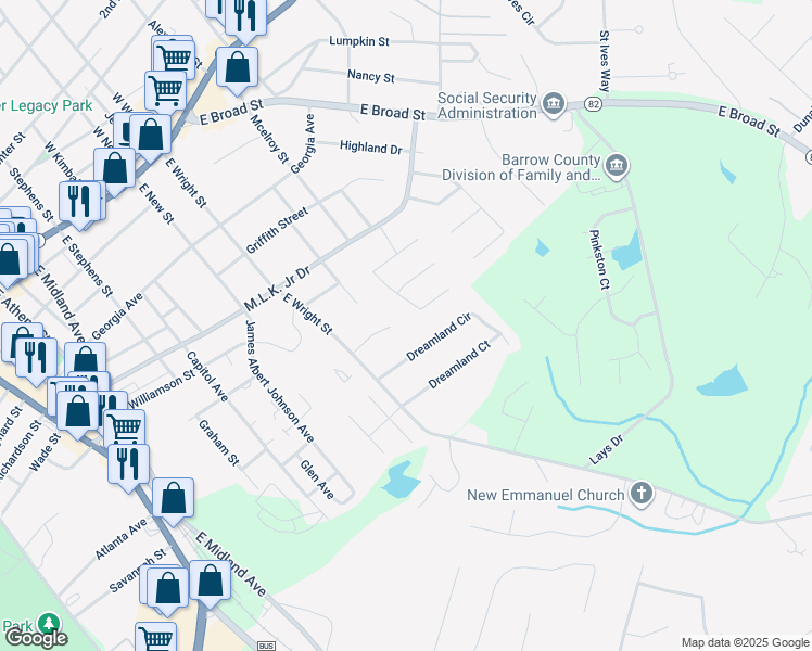 map of restaurants, bars, coffee shops, grocery stores, and more near 335 Mary Alice Drive in Winder