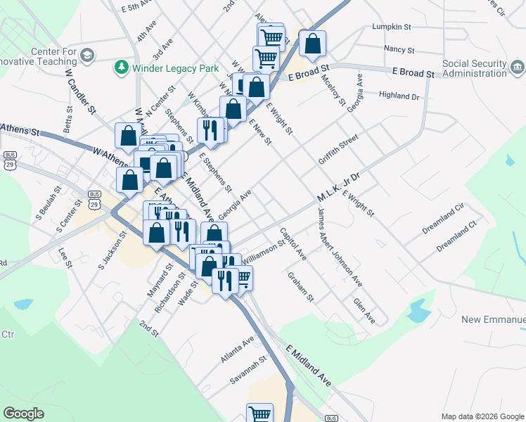 map of restaurants, bars, coffee shops, grocery stores, and more near 276 Griffith Street in Winder
