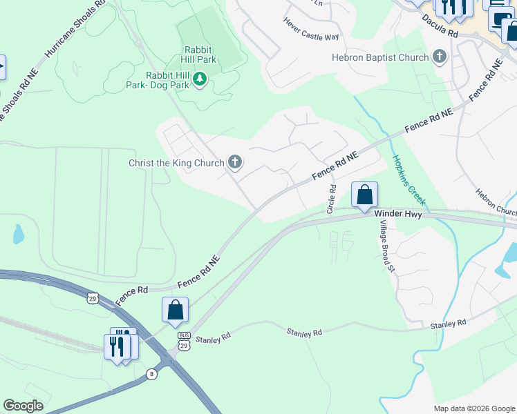 map of restaurants, bars, coffee shops, grocery stores, and more near Rabbit Hill Road in Dacula