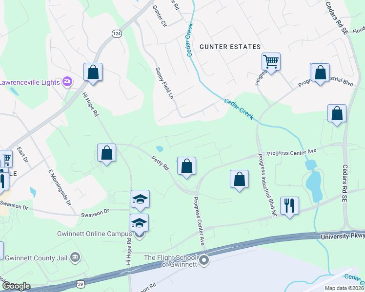 map of restaurants, bars, coffee shops, grocery stores, and more near 834 Petty Road in Lawrenceville