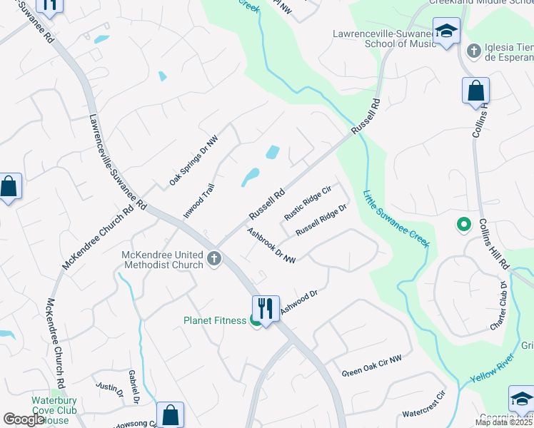 map of restaurants, bars, coffee shops, grocery stores, and more near 488 Russell Road in Lawrenceville