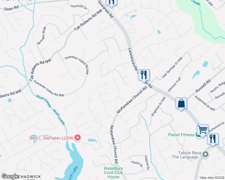 map of restaurants, bars, coffee shops, grocery stores, and more near 1782 Hayden Mill Court in Lawrenceville