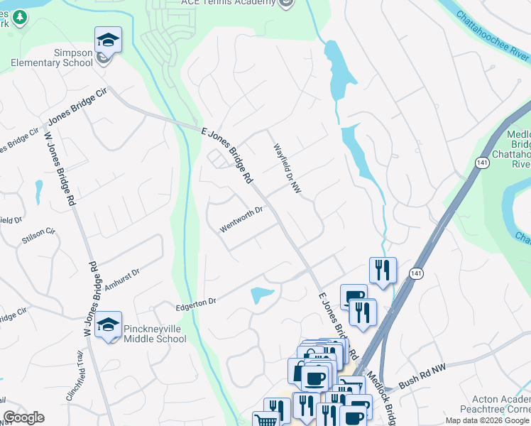 map of restaurants, bars, coffee shops, grocery stores, and more near 5082 Bridgeport Lane Northwest in Norcross