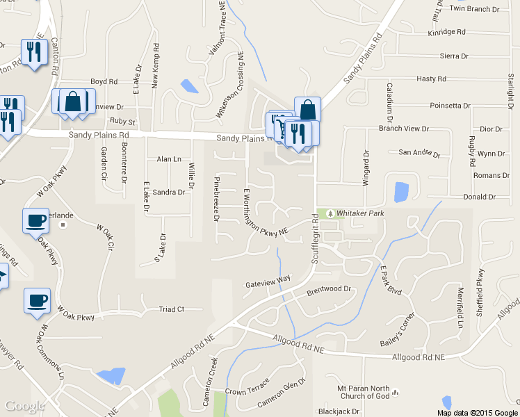 map of restaurants, bars, coffee shops, grocery stores, and more near 1475 Evanston Lane in Marietta