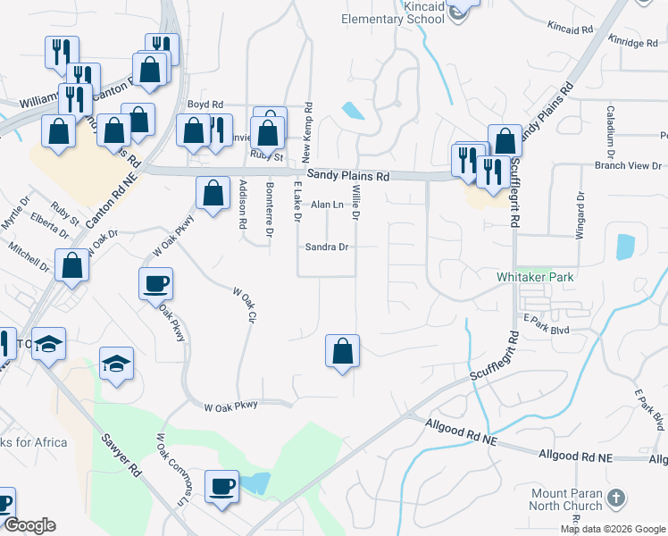 map of restaurants, bars, coffee shops, grocery stores, and more near 1214 Sandra Drive in Marietta