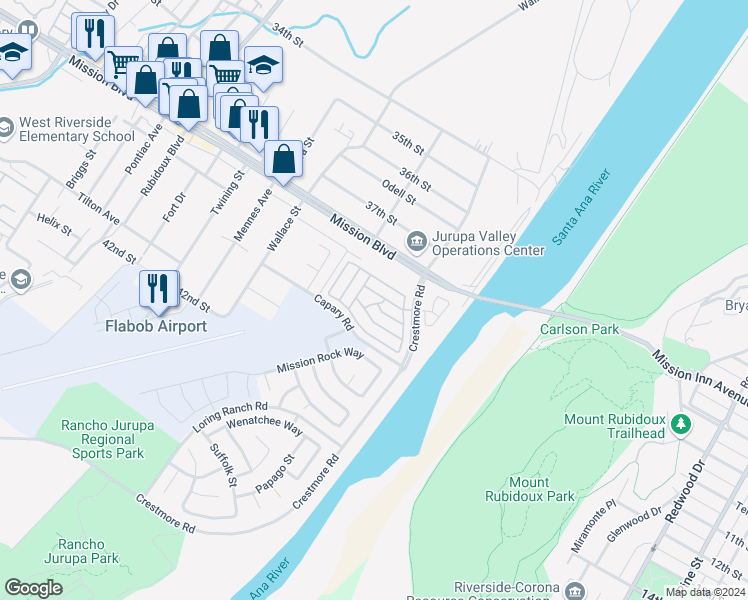 map of restaurants, bars, coffee shops, grocery stores, and more near 3825 Crestmore Road in Riverside