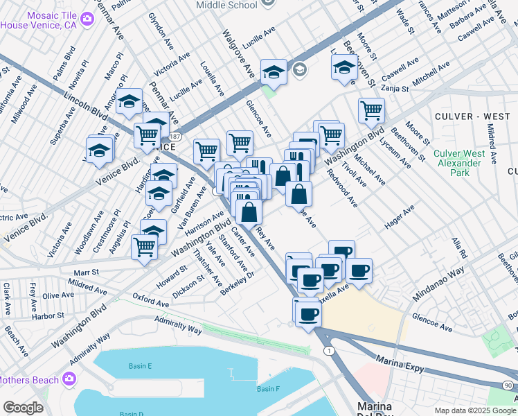 map of restaurants, bars, coffee shops, grocery stores, and more near in Culver City