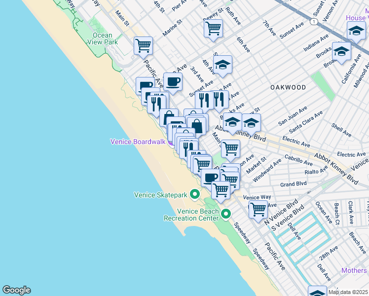 map of restaurants, bars, coffee shops, grocery stores, and more near Speedway & Brooks Avenue in Los Angeles