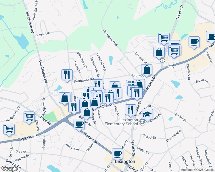 map of restaurants, bars, coffee shops, grocery stores, and more near 502 Northwood Road in Lexington