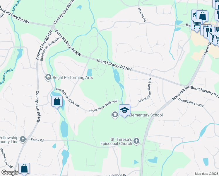 map of restaurants, bars, coffee shops, grocery stores, and more near 1407 Downington View in Acworth