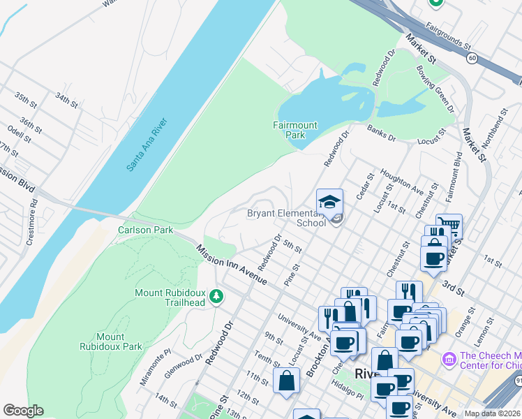 map of restaurants, bars, coffee shops, grocery stores, and more near 4630 Indian Hill Road in Riverside
