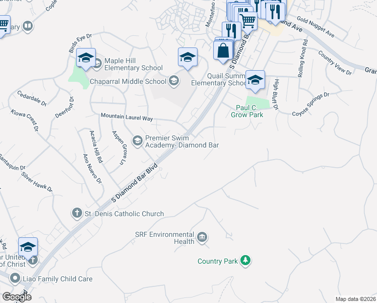 map of restaurants, bars, coffee shops, grocery stores, and more near 1727 Silver Rain Drive in Diamond Bar