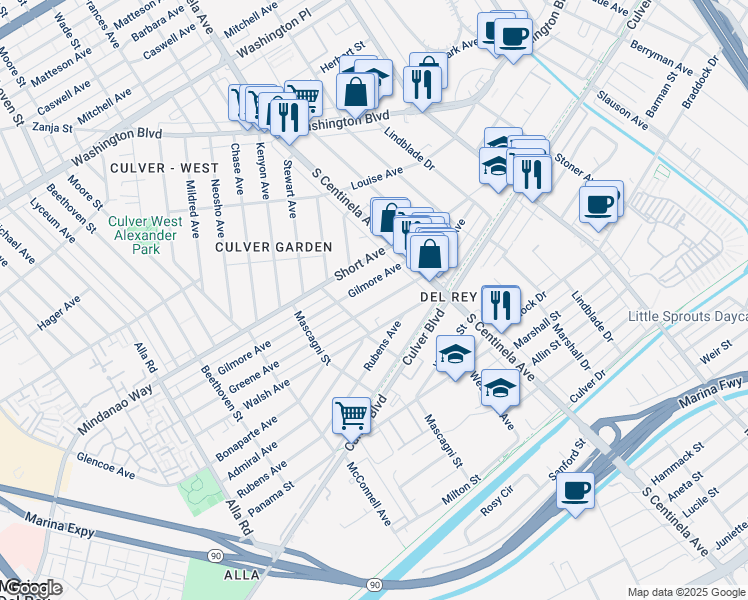 map of restaurants, bars, coffee shops, grocery stores, and more near 12469 Greene Avenue in Los Angeles