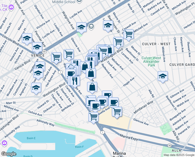 map of restaurants, bars, coffee shops, grocery stores, and more near 4060 Glencoe Avenue in Marina del Rey