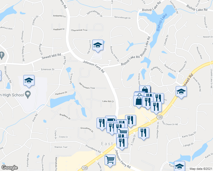 map of restaurants, bars, coffee shops, grocery stores, and more near 1508 Old Hunters Trce in Marietta