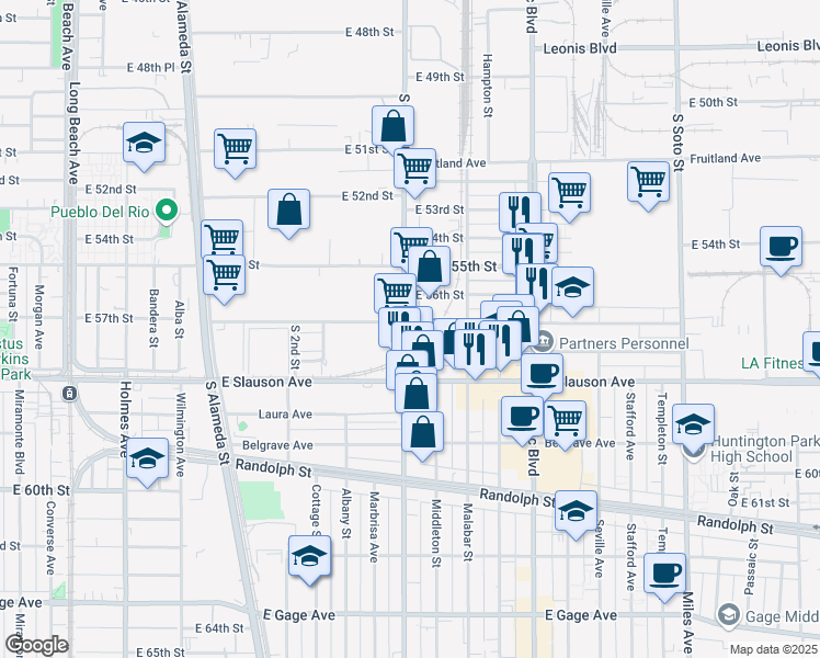 map of restaurants, bars, coffee shops, grocery stores, and more near 5666 S Santa Fe Ave in Vernon