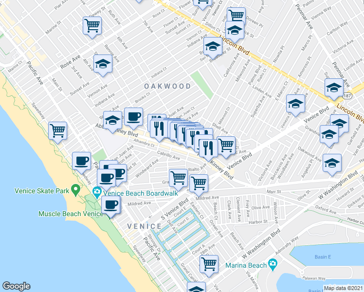 map of restaurants, bars, coffee shops, grocery stores, and more near in Los Angeles