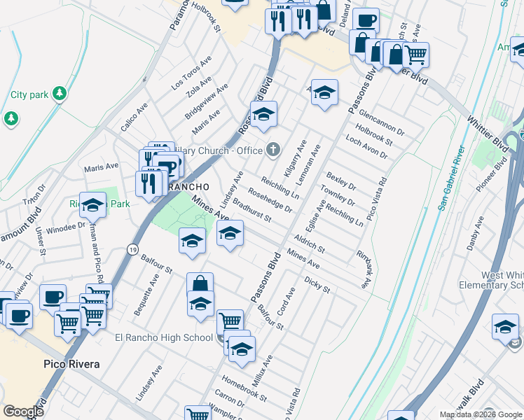 map of restaurants, bars, coffee shops, grocery stores, and more near 9227 Rosehedge Drive in Pico Rivera
