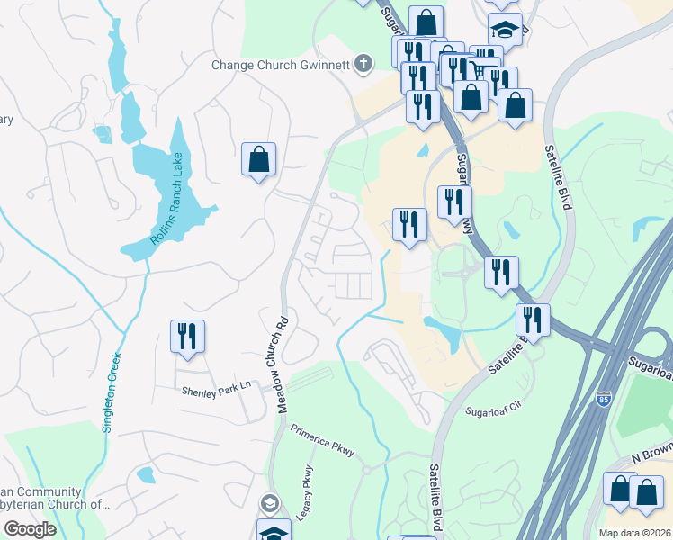 map of restaurants, bars, coffee shops, grocery stores, and more near 2183 Meadow Peak Road in Duluth