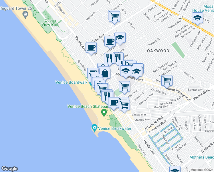 map of restaurants, bars, coffee shops, grocery stores, and more near Breeze Avenue in Los Angeles