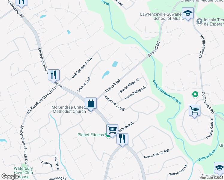 map of restaurants, bars, coffee shops, grocery stores, and more near 488 Russell Road in Lawrenceville