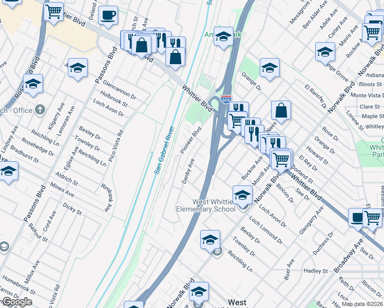 map of restaurants, bars, coffee shops, grocery stores, and more near 6309 Danby Avenue in Whittier