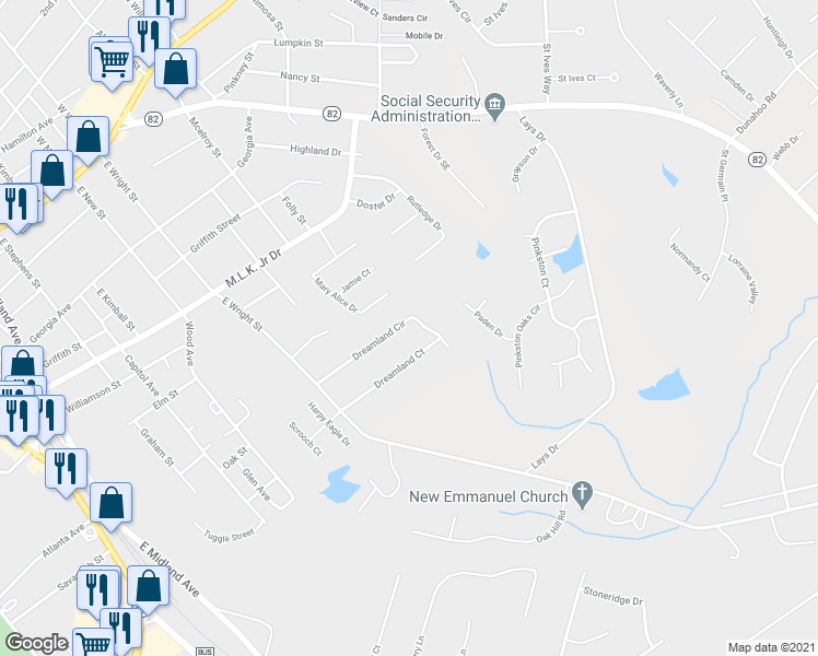 map of restaurants, bars, coffee shops, grocery stores, and more near 243 Dreamland Circle in Winder