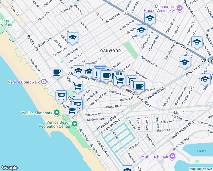 map of restaurants, bars, coffee shops, grocery stores, and more near 1237 Abbot Kinney Boulevard in Los Angeles