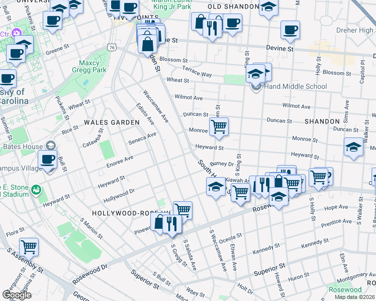 map of restaurants, bars, coffee shops, grocery stores, and more near 2415 Heyward Street in Columbia
