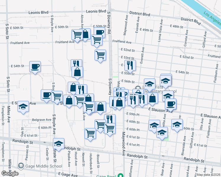 map of restaurants, bars, coffee shops, grocery stores, and more near 5734 South Downey Road in Vernon