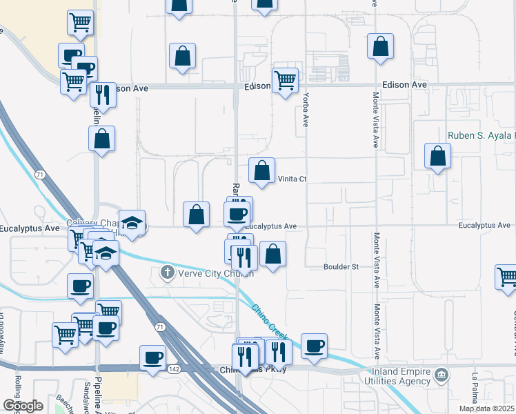 map of restaurants, bars, coffee shops, grocery stores, and more near 4560 Eucalyptus Avenue in Chino
