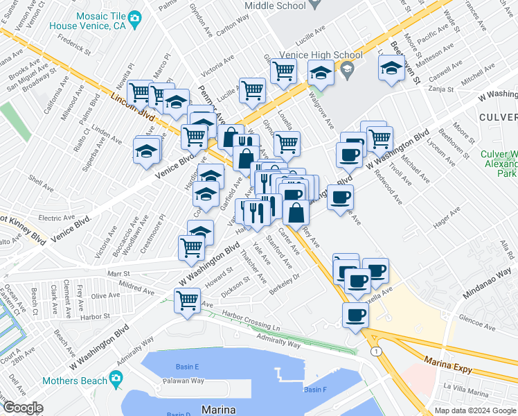 map of restaurants, bars, coffee shops, grocery stores, and more near 1150 Grant Avenue in Los Angeles
