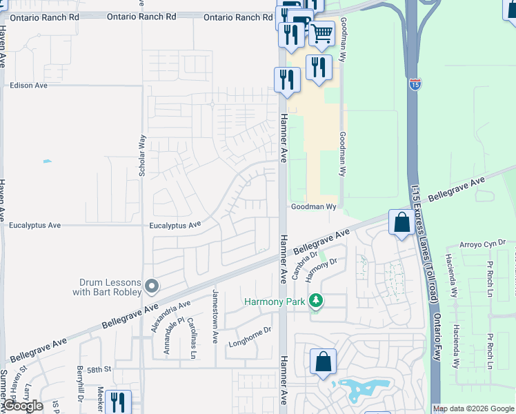 map of restaurants, bars, coffee shops, grocery stores, and more near 4224 East Sonrisa Privado in Ontario