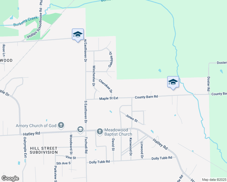map of restaurants, bars, coffee shops, grocery stores, and more near 108 Cherokee Drive in Amory