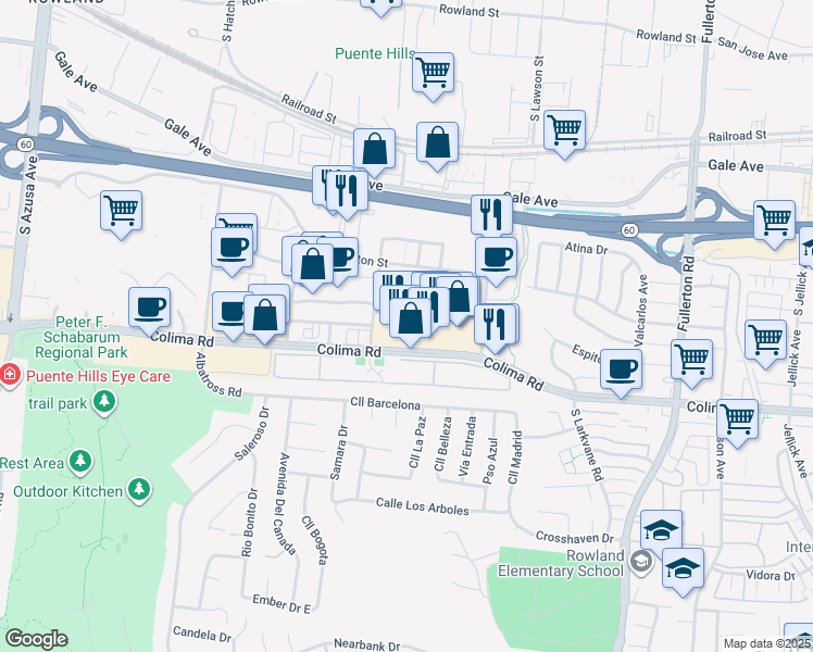 map of restaurants, bars, coffee shops, grocery stores, and more near 17837 Colima Road in City of Industry