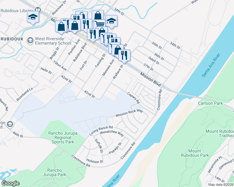 map of restaurants, bars, coffee shops, grocery stores, and more near 5374 Capary Road in Riverside