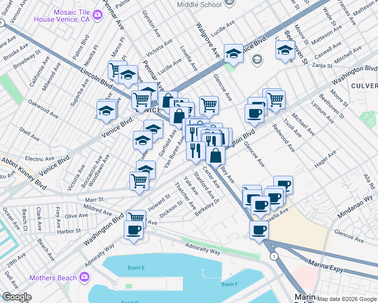 map of restaurants, bars, coffee shops, grocery stores, and more near 1150 Grant Avenue in Los Angeles