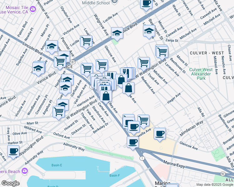 map of restaurants, bars, coffee shops, grocery stores, and more near in Culver City