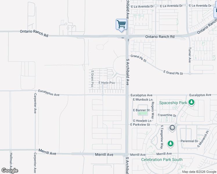 map of restaurants, bars, coffee shops, grocery stores, and more near 4571 South Forsyth Paseo in Ontario