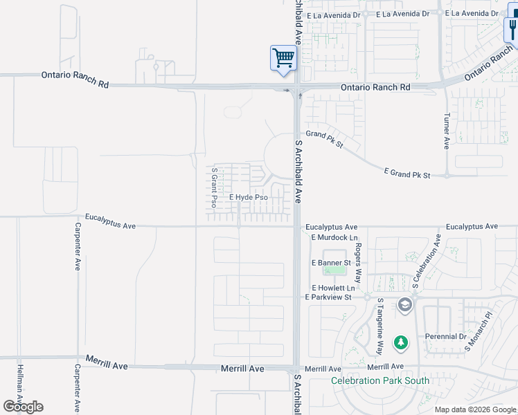 map of restaurants, bars, coffee shops, grocery stores, and more near 2567 East Lincoln Paseo in Ontario