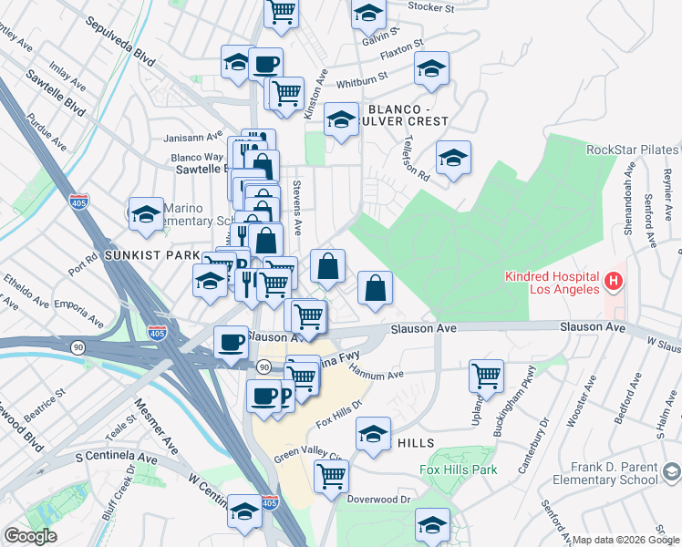 map of restaurants, bars, coffee shops, grocery stores, and more near 11250 Playa Street in Culver City