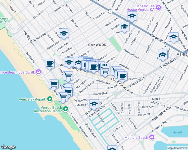 map of restaurants, bars, coffee shops, grocery stores, and more near 1237 Abbot Kinney Boulevard in Los Angeles