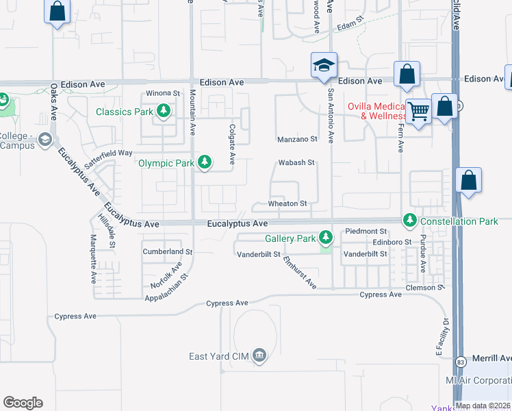 map of restaurants, bars, coffee shops, grocery stores, and more near 6501 Wheaton Street in Chino