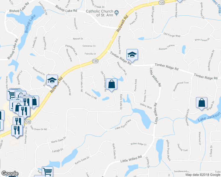 map of restaurants, bars, coffee shops, grocery stores, and more near 4790 Old Timber Ridge Road in Marietta